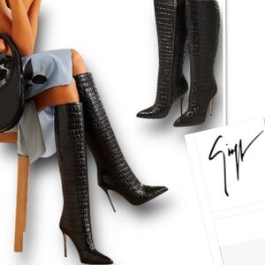 Giuseppe Zanotti Black Croc Embossed Leather Round Toe Knee Boots Sz. US 9.5